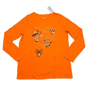 Cat & Jack Girls Size XXL 18 Long Sleeve T-Shirt Heart Web Treats Orange Flash - Picture 1 of 10