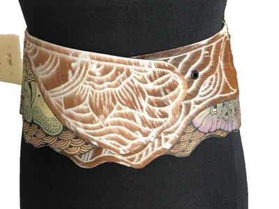 Unique 5" Big Wide ARTIST handcut & Painted Art Nouveau Design cowhide belt 32 - Image 1 of 4