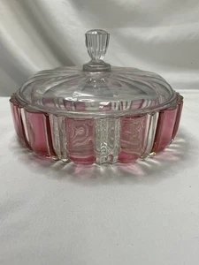 Vintage Ruby Flashed Glass Candy Dish With Lid Pressed Panel Pattern 1940’s - Picture 1 of 7