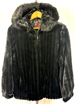 女式黑色人造毛皮大衣中号带帽丝绸衬里画廊礼服 — 第 1/4 张图片