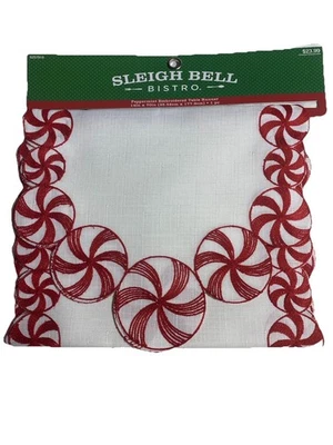 HOBBY LOBBY Sleigh Bell Bistro Red White Peppermint Candy Embroidered Table Runner 14” X 70”