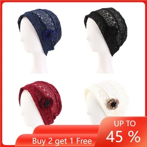 Muslim Women Mesh Turban Cap Hijab Wrap Flower Hat Solid Color Beanies Headwear - Picture 1 of 15