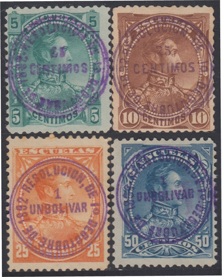 Venezuela Timbres Fiscaux 48/51 1892 Simón Bolívar Résolution 1/10 MH - Photo 1/1