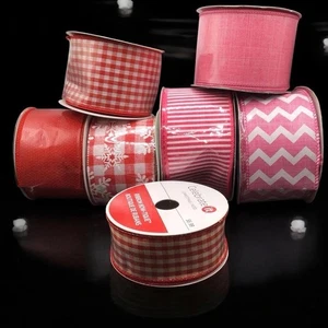 Red & Pink Wired Ribbon Lot – Gingham, Chevron, Stripes, Snowflake – 2.5" & 1.5" - Picture 1 of 13