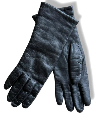 Vintage Black Leather Gloves Mid-length Acrylic Lined Womens - Good Condition - Image 1 of 4