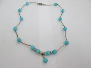CORD NECKLACE WITH TURQUOISE AND SILVER  COLOURED BEADS / BARS - Picture 1 of 3