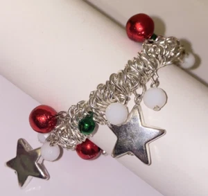 Christmas Bracelet Silvertone Stars Red & Green Jingle Bells White Beads - Picture 1 of 12