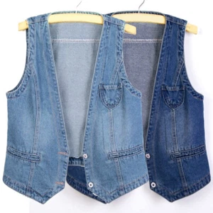 Gilet donna scollo a V denim gilet smanicato giacca biker cappotto tasca - Foto 1 di 11