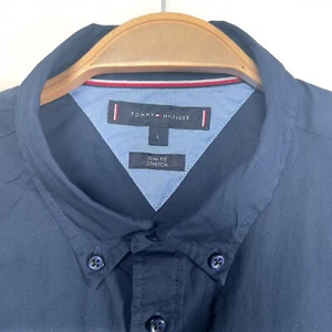 Tommy Hilfiger Mens Shirt Cotton Button Down Dark Blue Size L Slim Fit Stretch - Picture 1 of 16