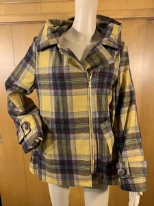 NWOT Mustard Yellow Plaid Women’s Peacoat w Asymmetrical zipper Large - Picture 1 of 7
