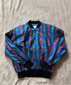 Sunny Leigh Women’s Vintage 90's Plaid Blue Red Gold Silk Bomber Jacket Sz S - Picture 1 of 7