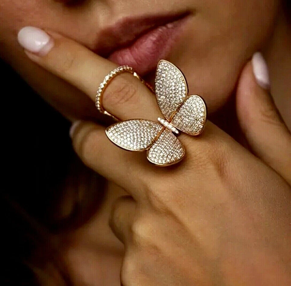 18k Gold Plated Big Butterfly Ring made w Swarovski Crystal Prong Stone Gorgeous - Image 1 of 4