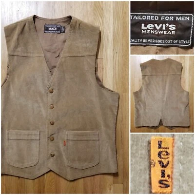 Vintage 70s 80s LEVI'S Orange Tab - Tan Brushed Corduroy Medium M Lined Vest - Image 1 of 4
