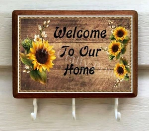 SUNFLOWER Plaque - Welcome To Our Home - Hooks for Keys or Other Hanging Items - Bild 1 von 1