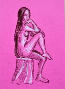 Seated Nude Pastel Drawing – 12x8 Figure Art on Pink Paper Graceful Pose - Picture 1 of 5