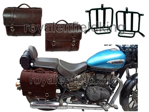 Royal Enfield Meteor 350 Leather Antique Brown Color Saddle Bag Pair & Mounting - Picture 1 of 3