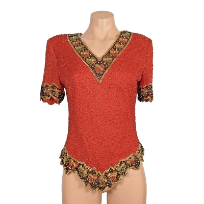 Laurence Kazar Rojo Dorado Aleta Cuentas Noche Formal Seda SEQUINA Gatsby De Colección S Foto 1 de 4