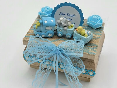 Geldgeschenk mit Namen blau Junge Zahndose Kiste Baby Taufe Geburt - Bild 1 von 2