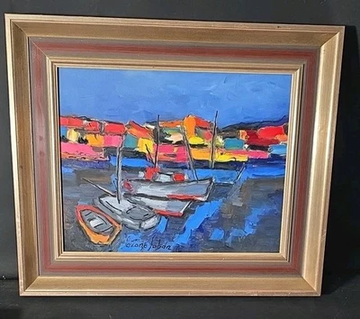 Tableau huile Paysage Bateaux sur la grève signé Lacaze Laban XXème  - Photo 1/4