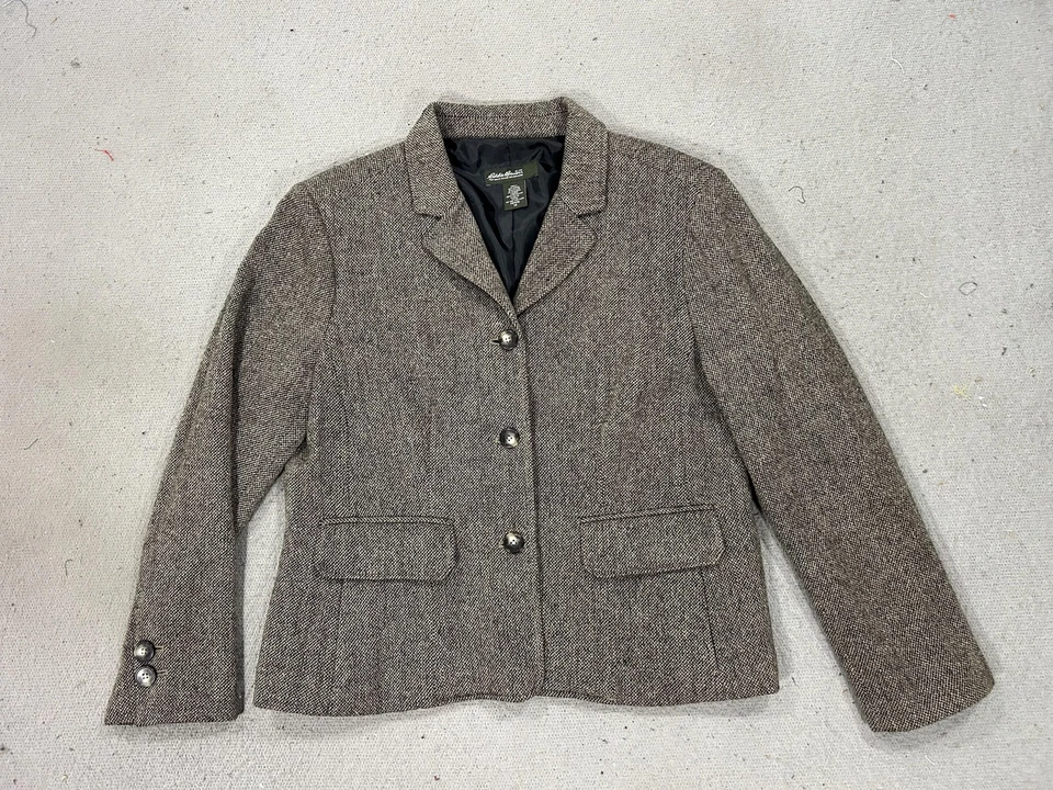 Blazer Eddie Bauer para mujer Petite 14 marrón mezcla de lana espiga tweed chaqueta Foto 1 de 4