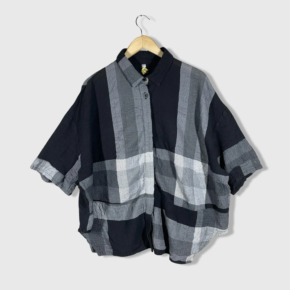 Camisa blusa Dress to Kill arrugada abotonada para mujer talla única a cuadros Lagenlook Foto 1 de 4