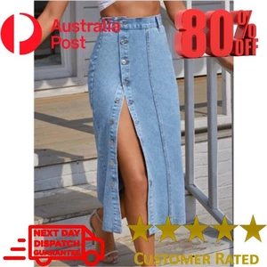 ESSNCE Denim Midi Skirt Women's High Waisted Button Front Split A-Line Blue Size - Picture 1 of 10