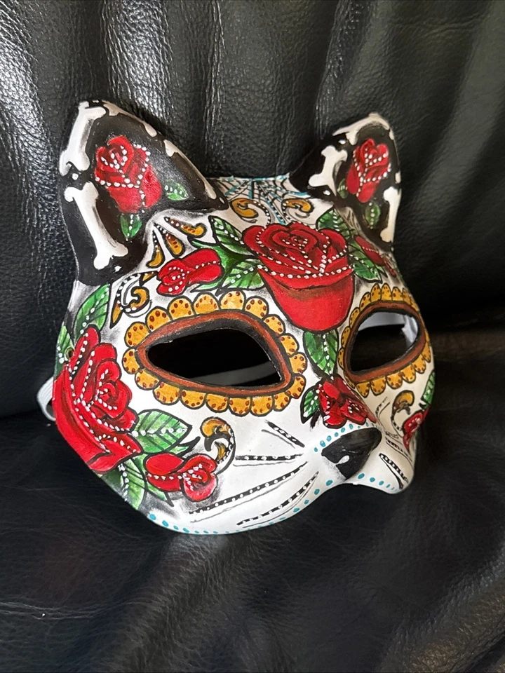 Day of the Dead Dia de los Muertos Cat Costume Masquerade Mask [Red] - Image 1 of 4