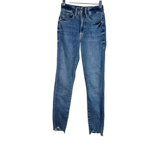 🟣🟣 Good American Womens Blue Denim Distressed Straight Leg Size 0 - Picture 1 of 10