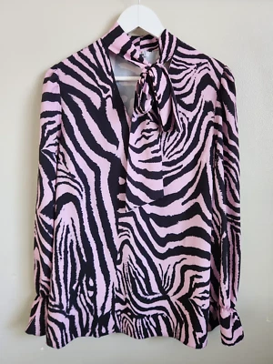 John Zack London Tie Neck Choker Zebra Animal Print Blouse Size 10 Womens - Image 1 of 4