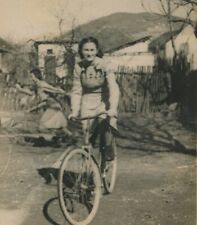 068 50s Girl Riding Bicycle Running in Background Abstract Cycling PHOTO ORG VTG