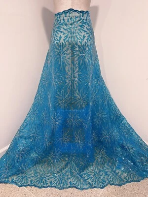 BLUE SILVER  Sequins Embroidered Lace fabric 50” Width Sold By The Yard - Image 1 of 4