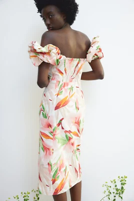 H&M Linen-Blend Hombros Al Descubierto Vestido Rosa Verde Floral Tropical L 12 - Imagen 1 de 4