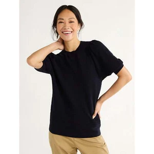 Free Assembly Pullover Sweater Women's Navy Blue L Puff Sleeve Ribbed Crewneck - Picture 1 of 5