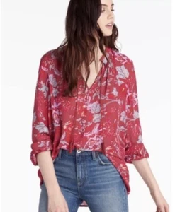 New Lucky Brand Floral Peasant Blouse Top Fringe Tassels Red Sz Small - Picture 1 of 15