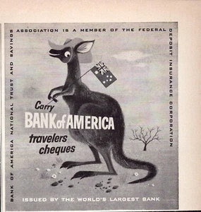 Bank of America Print Ad 1954 Travelers Cheques Kangaroo Australia FDIC - Picture 1 of 1