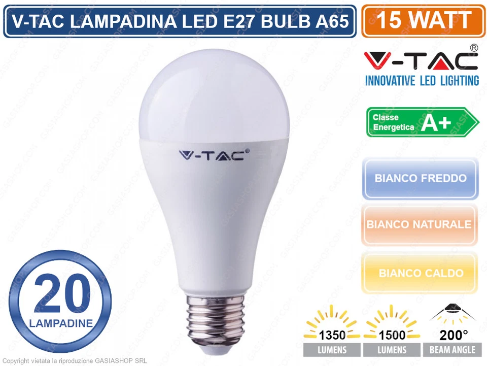 20 LAMPADINE LED V-TAC VT-2015 E27 BULBO 15 WATT A65 KIT 10 LAMPADINA LAMPADA - Immagine 1 di 1
