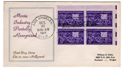 #926 Motion Pictures 50th Anniversary 1944 FDC - Linto ONLY 3 Made - Image 1 of 2