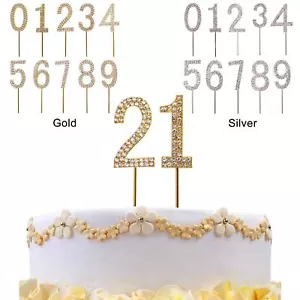 Diamond Cake Toppers Number All Ages Birthday Anniversary Gold Silver Cake Decor - Picture 1 of 67