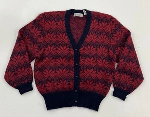 Vintage 80er Mohair Mischung Pullover Cardigan rot geometrisch Blumen Knopfleiste Damen M - Bild 1 von 6