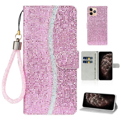 闪亮闪光皮革翻盖保护壳 适合 iPhone 14 13 12 11 15 16 Pro XS Max X 7 8+ — 第 1/4 张图片