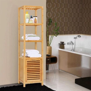 Extra Tall Bamboo Bathroom Cabinet Shelf Cupboard Storage Toilet Shelf Rack Hook - Picture 1 of 18