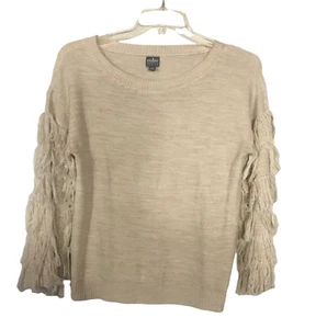 Soho Jeans Womens Pullover Sweater M Beige Fringe Sleeves Scoop Neck Marled Boho - Picture 1 of 10