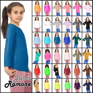 Long Sleeve T-Shirt Girls Kids Plain Stretch Basic Round Neck School Summer Top - Picture 1 of 130