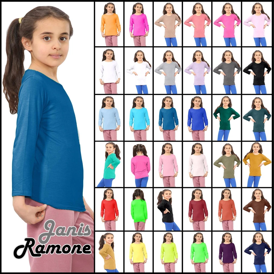 Long Sleeve T-Shirt Girls Kids Plain Stretch Basic Round Neck School Summer Top
