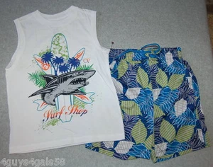 Boys Swim Trunks & Muscle Tee OCEAN PACIFIC Shark Surfboard XS 4-5 S 6-7  - Picture 1 of 2