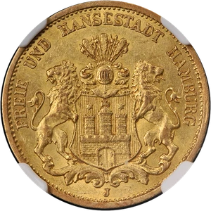 1878 J Germany Gold 20 Mark Hamburg NGC AU58 - Picture 1 of 4