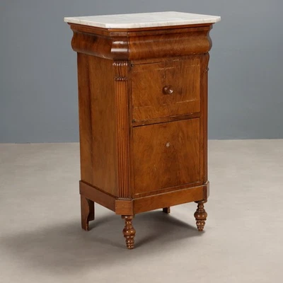 Table de Chevet Louis Philippe Noyer Marbre Blanc XIXe Siècle Originale - Photo 1/4