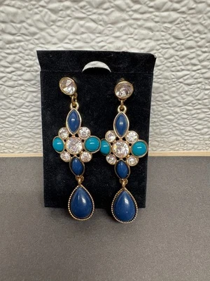 Avon Floral Embellished Statement Pierced Earrings With Dark Blue Green & Clear - Image 1 of 4