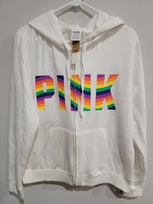 Victoria's Secret розовый полный молнии белый толстовка с капюшоном размер XL Rainbow полоски логотип новый - Изображение 1 из 4