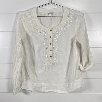Garnet Hill Shirt Womens 6P White Embroidered Cotton Henley Boho Peasant Top - Image 1 of 4